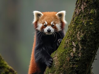 Curious red panda peeking from mossy tree trunk, its bright fur contrasting with dark branches and soft green bokeh background
