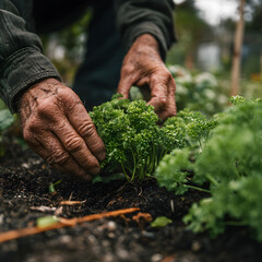 A person is gently nurturing fresh parsley in a thriving garden. The cloudy atmosphere enhances the rich colors of the plants, showcasing a connection to nature and gardening