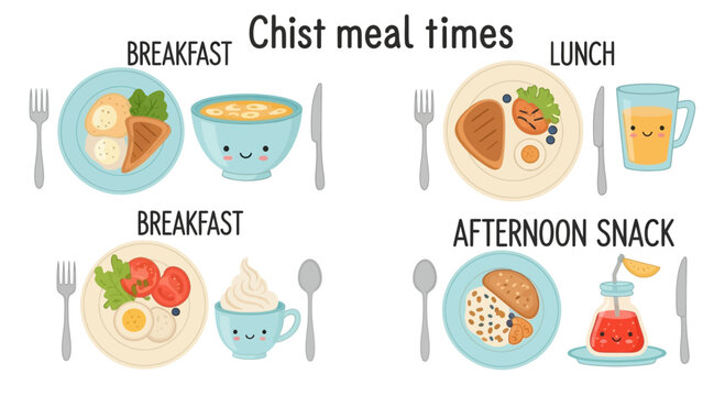 Cute Chist Meal Times Illustration for Nutrition Education Materials and Childcare Resources