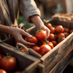 A person carefully selects ripe tomatoes from a rustic wooden crate. The scene is set at a vibrant farmer's market, illuminated by soft morning sunlight, showcasing fresh produce