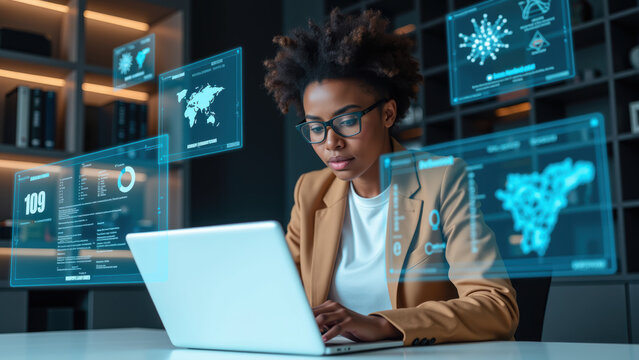 Innovative woman working on laptop with digital data visualization, showcasing technology and analytics in modern office environment