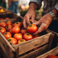 An older man inspects and selects fresh tomatoes in wooden crates at a sunny farmers market. The vibrant produce glistens under natural light, showcasing a variety of colors