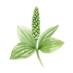 Watercolor plantain with broad leaves and a dense spike, botanical illustration isolated on white background