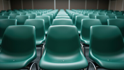 Empty green chairs arranged in rows create sense of anticipation in spacious venue. orderly setup invites gatherings and events
