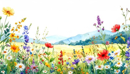 Watercolor wildflowers bloom in a meadow  mountains background. Use illustration © Mace