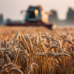 Wheat grains glow in the warm light of sunset as a harvester works in the background. The scene captures the essence of rural life during the busy harvest season