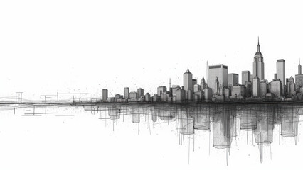 Fototapeta premium Minimalist skyline illustration featuring cityscape with reflections in water, showcasing iconic buildings and serene atmosphere
