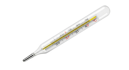 A classic mercury glass thermometer with a visible red line indicating temperature isolated on white background