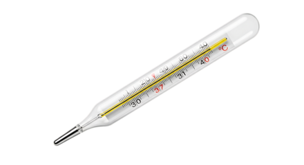 A classic mercury glass thermometer with a visible red line indicating temperature isolated on white background