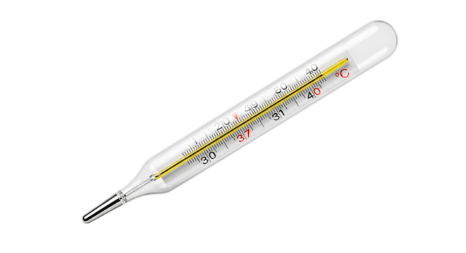 A classic mercury glass thermometer with a visible red line indicating temperature isolated on white background