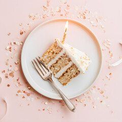 A slice of moist cake topped with creamy frosting and a lit birthday candle sits on a white plate. Surrounding the plate are delicate confetti pieces, creating a festive atmosphere