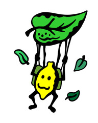 Vector color illustration of a juicy ripe lemon parachuting on a makeshift parachute made of a leaf on a white isolated background