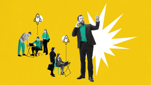 Creative collage. Confident businessman leading startup team with rocket icons on yellow background. Concept of corporate leadership, business growth, motivation, digital marketing, teamwork success.
