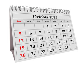 October 2025 calendar. Page of annual business desk month autumn calendar isolated on transparent