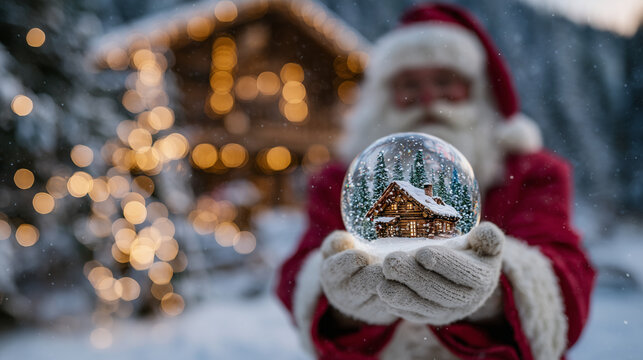 Holiday close-up of Santaâs hand gently holding a snow globe, snowy forest cabin inside, warm festive lights sparkling in blurred holiday backdrop