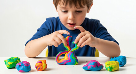 Young boy creating colorful sculpture with modeling clay on white table