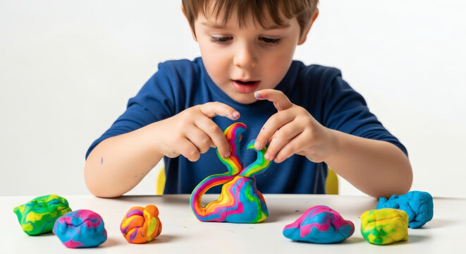 Young boy creating colorful sculpture with modeling clay on white table