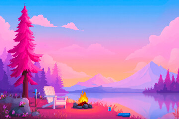 Nostalgic Pixel Art of a Serene Mountain Lake at Sunset with a Cozy Campfire Scene for Outdoor and Retro Gaming Backgrounds