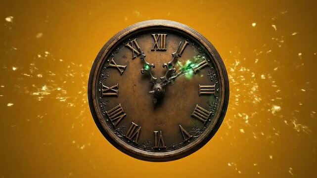 A vintage clock with roman numerals and green glowing accents on a golden background with sparkles