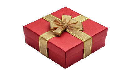 Fototapeta premium A beautifully wrapped red gift box with a golden ribbon and bow. placed on a clean white background. symbolizing celebration and joy. perfect for holiday or special occasion use