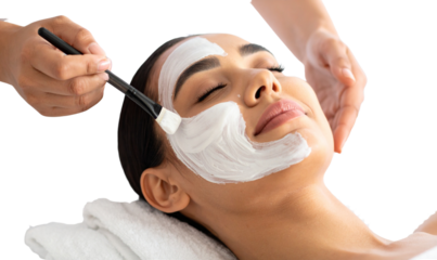 Transparent Background Beautician Applying White Cream Facial Mask with Soft Brush on Relaxed Woman, Close-Up View, Isolated