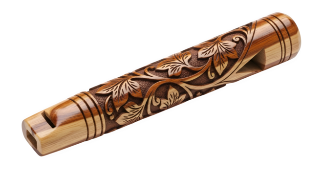 Hand carved wooden whistle isolated on transparent background, featuring intricate floral design and craftsmanship in a unique musical instrument