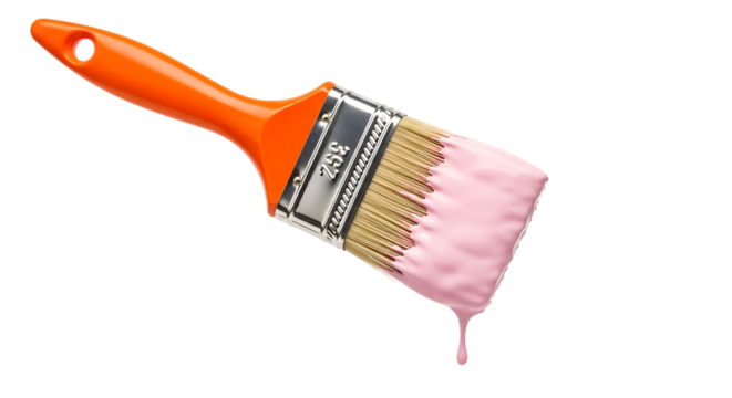 A bright orange handled paintbrush with pink paint dripping from its bristles isolated on white background