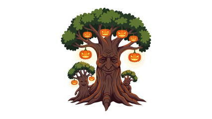 The Halloween Tree's Gathering: A whimsical, animated illustration of a Halloween tree, decorated with carved pumpkins, stands proudly with its smaller tree companions against a pure backdrop.