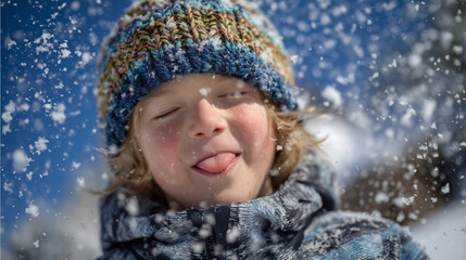 Little one surrounded by fresh snow, colorful beanie on head, eyes closed and tongue sticking out to catch flakes, radiating pure childhood fun