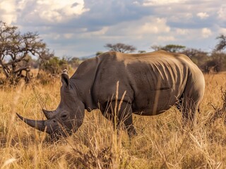 Obraz premium Majestic rhino grazing peacefully in golden savanna grasses under a dramatic sky, perfect for conservation awareness or African wildlife stories