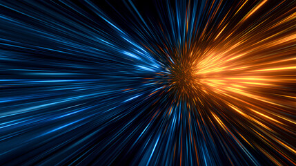 Fototapeta premium Warp speed focus line background with blue and orange light spreading. Stock Illustration