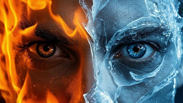 A striking portrait of a person with one side engulfed in flames and the other frozen in ice, symbolizing duality