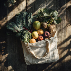 A reusable bag filled with fresh vegetables and fruits is placed on a rustic wooden table. The morning light highlights the vibrant colors of apples, greens, and other healthy produce