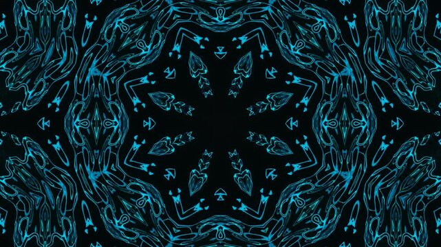Abstract mandala kaleidoscope neon acid background glowing with infinite octagonal symmetry, futuristic fractal visuals transforming into luminous digital formations
