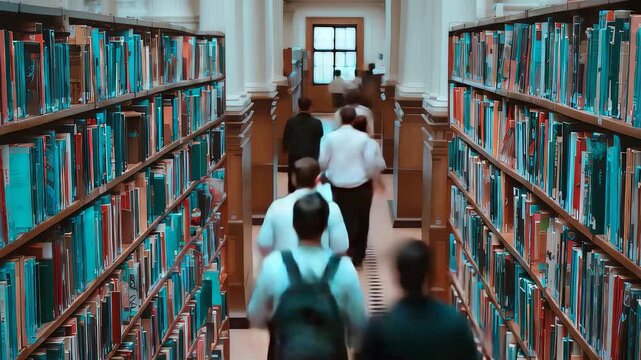Students walking through library corridor with tall shelves filled with books in academic university building interior during daytime study