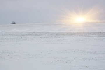Minimalist winter landscape of a plowed field covered in snow.