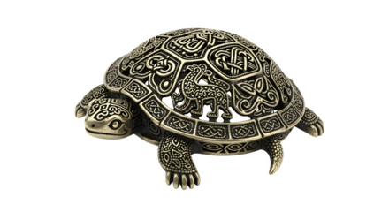 Ornate turtle figurine isolated on transparent background the turtle is decorated with celtic knotwork and other intricate designs, creating a unique and eyecatching piece