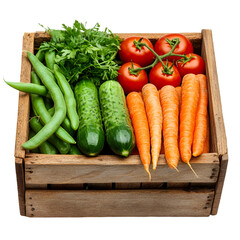 Fresh, vibrant vegetables including tomatoes, cucumbers, carrots, and green beans overflowing from a rustic wooden crate, perfect for healthy eating inspiration.