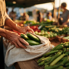 A person picks fresh zucchinis from a burlap bag at an outdoor market. The scene is vibrant with various vegetables around. The warm sunset light enhances the atmosphere
