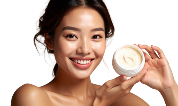 Transparent Background Smiling Young Woman Holding Open Jar of Moisturizing Cream in Hand, Natural Glow