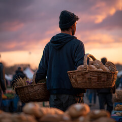 A man walks through a bustling outdoor market holding two baskets filled with fresh bread as the sun sets, casting a warm glow over the stalls and shoppers nearby