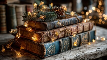 Old books stacked on a rustic table adorned with warm fairy lights and a green pine sprig during a cozy winter evening