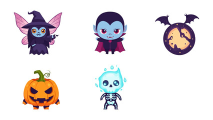 Whimsical Halloween Collection: A charming assortment of Halloween characters and icons in a playful illustration. Perfect for spooky season and design projects