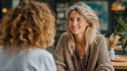 Friends share a warm conversation in a cozy cafe during a sunny afternoon