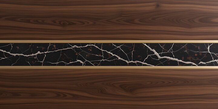 Elegant interior design detail featuring rich dark wood grain, a central band of black marble with white veining, and sophisticated golden inlay lines