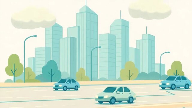 Animated Urban Cityscape with Busy Car Traffic on Highway