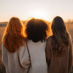 Three friends stand together, facing a beautiful sunset in a grassy field. They wear warm sweaters and share a moment of joy as the sun sets on a pleasant evening
