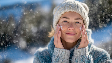 Close-up of young woman rubbing sunscreen on face, winter snow sparkling around, background of blurred icy trees, cold blue tones contrasted with warm skin glow