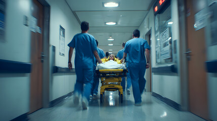 Medical team rushing patient on stretcher through hospital corridor
