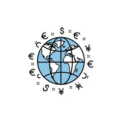 Illustration Vector Globe with Currency Symbols International Finance Design Modern Blue